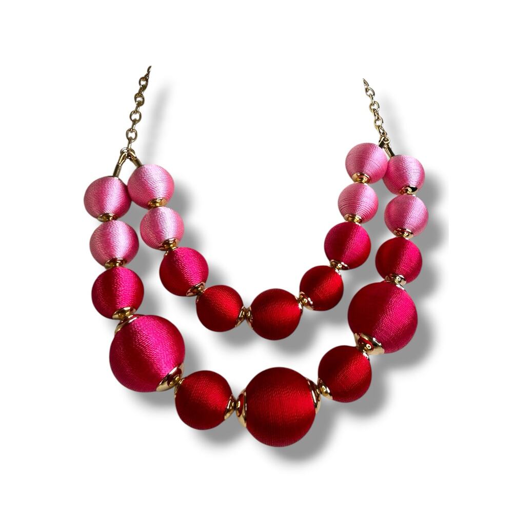 Talbots Layered Thread Wrap Bead Necklace Gold Tone Pink Red Graduated Spheres